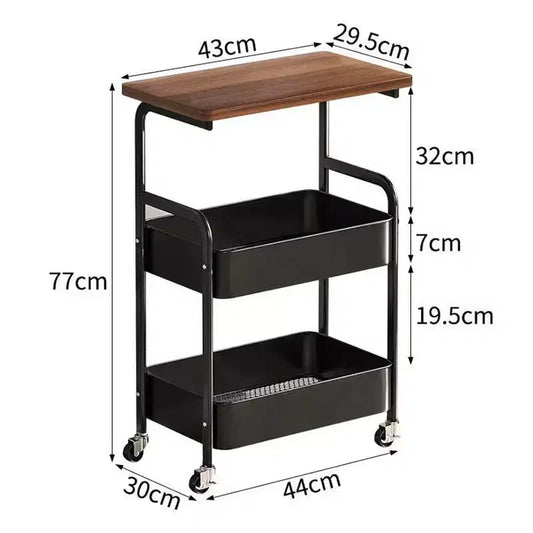 Chariot de rangement à roulettes 3 niveaux avec plateau en bois et structure métallique, roues verrouillables pour la cuisine