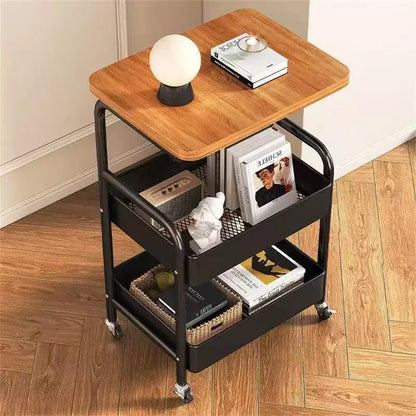 Chariot de rangement à roulettes 3 niveaux avec plateau en bois et structure métallique, roues verrouillables pour la cuisine
