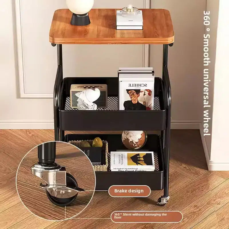 Chariot de rangement à roulettes 3 niveaux avec plateau en bois et structure métallique, roues verrouillables pour la cuisine