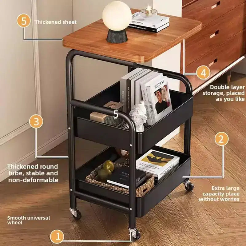 Chariot de rangement à roulettes 3 niveaux avec plateau en bois et structure métallique, roues verrouillables pour la cuisine