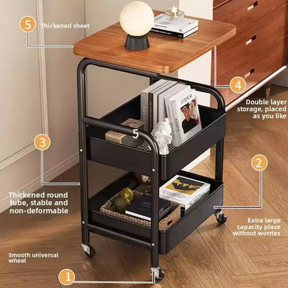 Chariot de rangement à roulettes 3 niveaux avec plateau en bois et structure métallique, roues verrouillables pour la cuisine