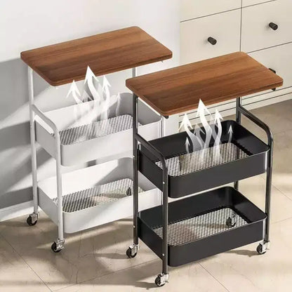 Chariot de rangement à roulettes 3 niveaux avec plateau en bois et structure métallique, roues verrouillables pour la cuisine