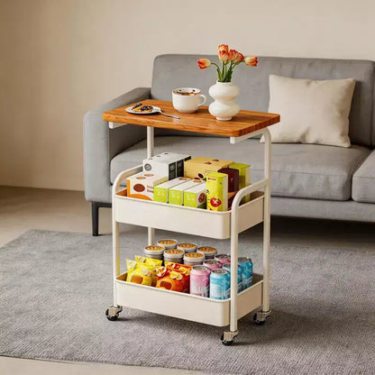 Chariot de rangement à roulettes 3 niveaux avec plateau en bois et structure métallique, roues verrouillables pour la cuisine