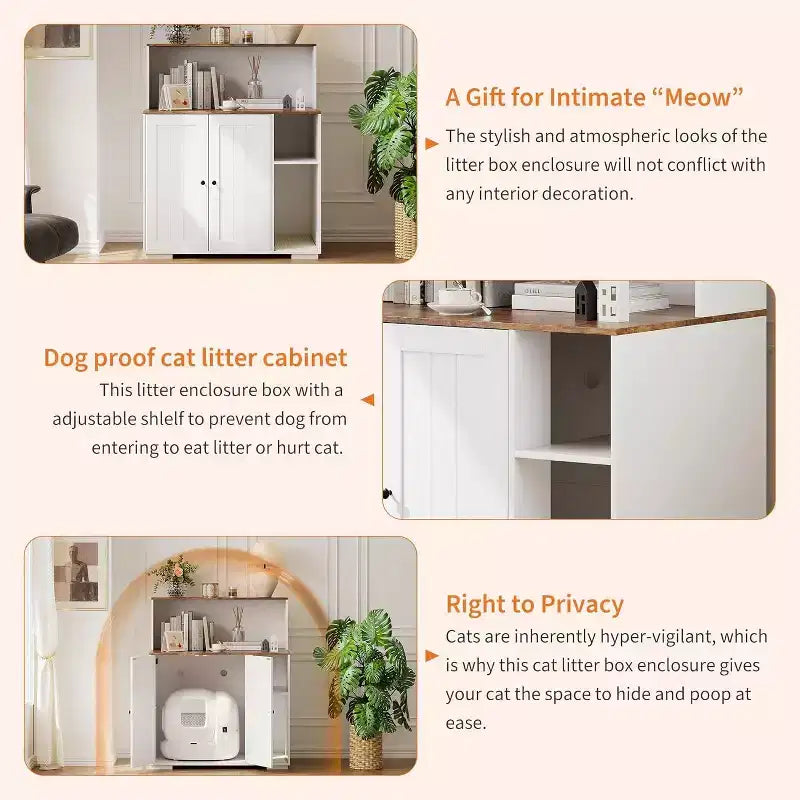 Meuble cache litière pour chat très grande taille avec étagère anti-chien, prise électrique intégrée et rangement