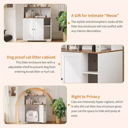 Meuble cache litière pour chat très grande taille avec étagère anti-chien, prise électrique intégrée et rangement
