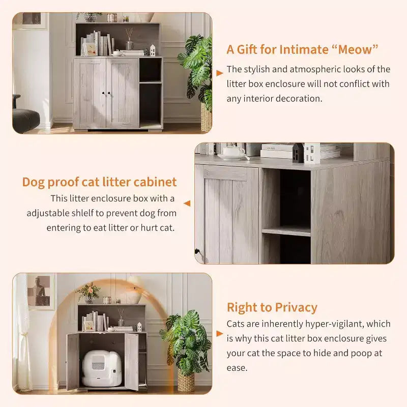 Meuble cache litière pour chat très grande taille avec étagère anti-chien, prise électrique intégrée et rangement