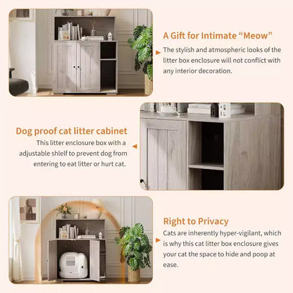 Meuble cache litière pour chat très grande taille avec étagère anti-chien, prise électrique intégrée et rangement