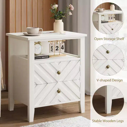 Table de chevet de ferme blanche avec 2 tiroirs, éclairage d'ambiance et étagère ouverte, 50 cm L