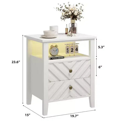 Table de chevet de ferme blanche avec 2 tiroirs, éclairage d'ambiance et étagère ouverte, 50 cm L