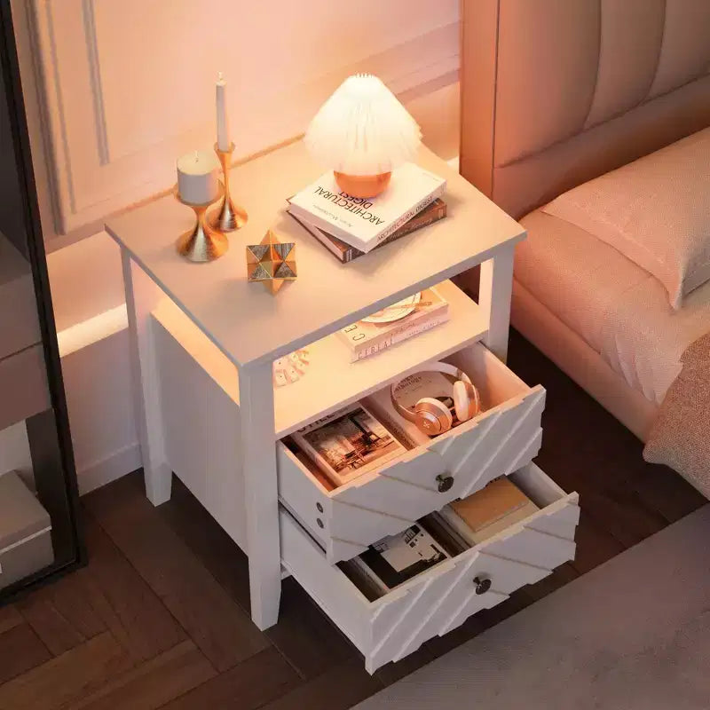 Table de chevet de ferme blanche avec 2 tiroirs, éclairage d'ambiance et étagère ouverte, 50 cm L