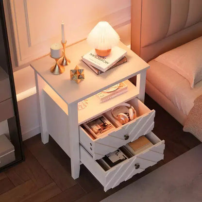 Table de chevet de ferme blanche avec 2 tiroirs, éclairage d'ambiance et étagère ouverte, 50 cm L