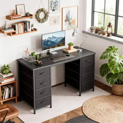 Bureau informatique de 119 cm avec 8 tiroirs en tissu, grande table d'écriture pour la maison, le bureau et les jeux