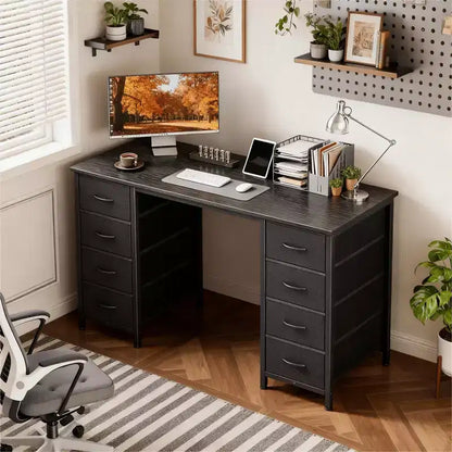 Bureau informatique de 119 cm avec 8 tiroirs en tissu, grande table d'écriture pour la maison, le bureau et les jeux