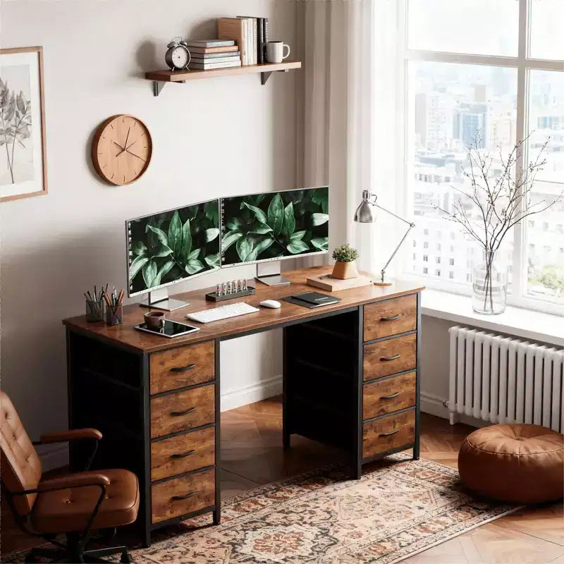 Bureau informatique de 119 cm avec 8 tiroirs en tissu, grande table d'écriture pour la maison, le bureau et les jeux