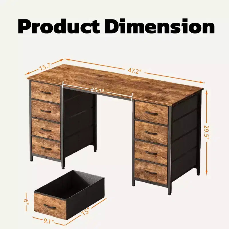 Bureau informatique de 119 cm avec 8 tiroirs en tissu, grande table d'écriture pour la maison, le bureau et les jeux