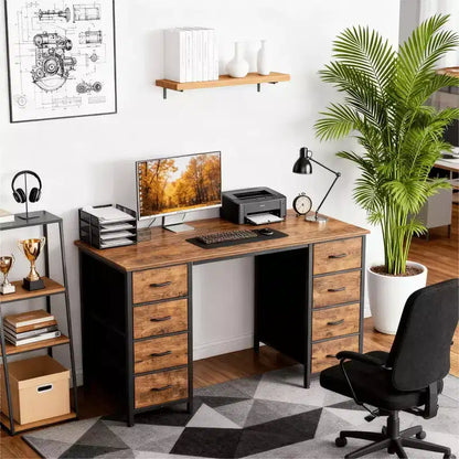 Bureau informatique de 119 cm avec 8 tiroirs en tissu, grande table d'écriture pour la maison, le bureau et les jeux