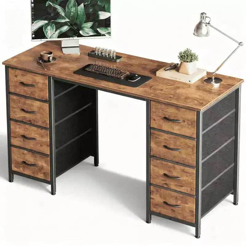 Bureau informatique de 119 cm avec 8 tiroirs en tissu, grande table d'écriture pour la maison, le bureau et les jeux