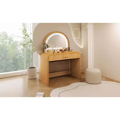 Coiffeuse d'angle de 99 cm avec miroir éclairé, éclairage dimmable, finition naturelle