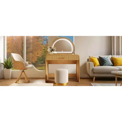 Coiffeuse d'angle de 99 cm avec miroir éclairé, éclairage dimmable, finition naturelle