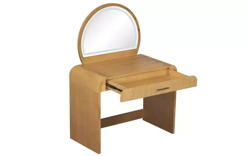 Coiffeuse d'angle de 99 cm avec miroir éclairé, éclairage dimmable, finition naturelle