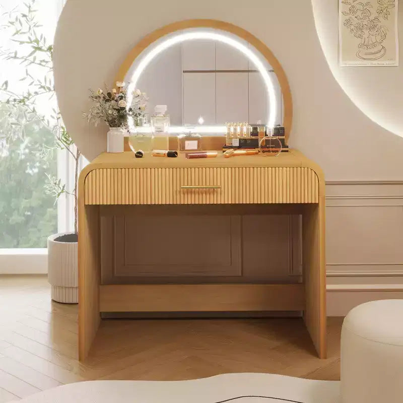 Coiffeuse d'angle de 99 cm avec miroir éclairé, éclairage dimmable, finition naturelle