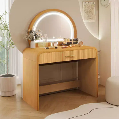 Coiffeuse d'angle de 99 cm avec miroir éclairé, éclairage dimmable, finition naturelle