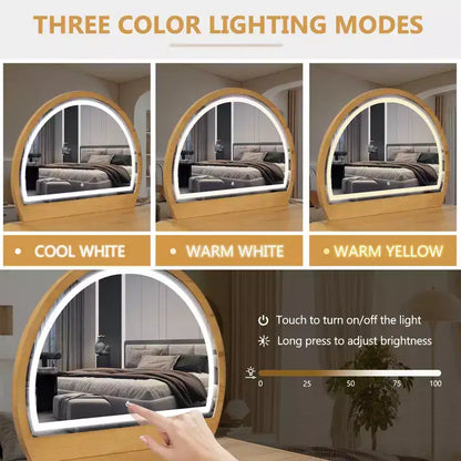 Coiffeuse d'angle de 99 cm avec miroir éclairé, éclairage dimmable, finition naturelle