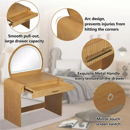 Coiffeuse d'angle de 99 cm avec miroir éclairé, éclairage dimmable, finition naturelle