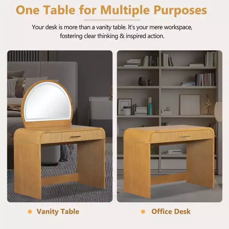 Coiffeuse d'angle de 99 cm avec miroir éclairé, éclairage dimmable, finition naturelle