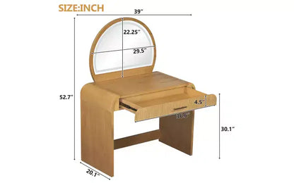 Coiffeuse d'angle de 99 cm avec miroir éclairé, éclairage dimmable, finition naturelle