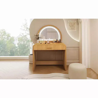 Coiffeuse d'angle de 99 cm avec miroir éclairé, éclairage dimmable, finition naturelle