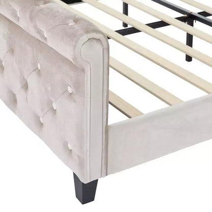 Lit King à plateforme traîneau, tête de lit à oreilles, velours capitonné, capacité de 363 kg