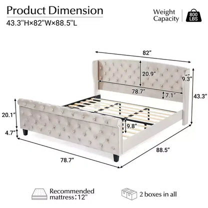 Lit King à plateforme traîneau, tête de lit à oreilles, velours capitonné, capacité de 363 kg