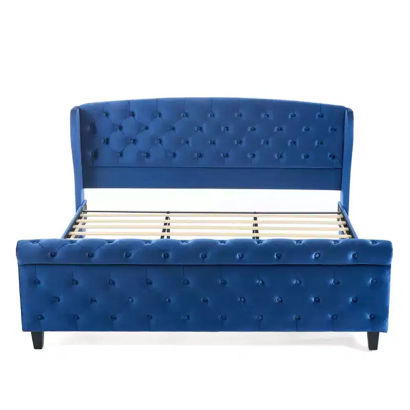 Lit King à plateforme traîneau, tête de lit à oreilles, velours capitonné, capacité de 363 kg