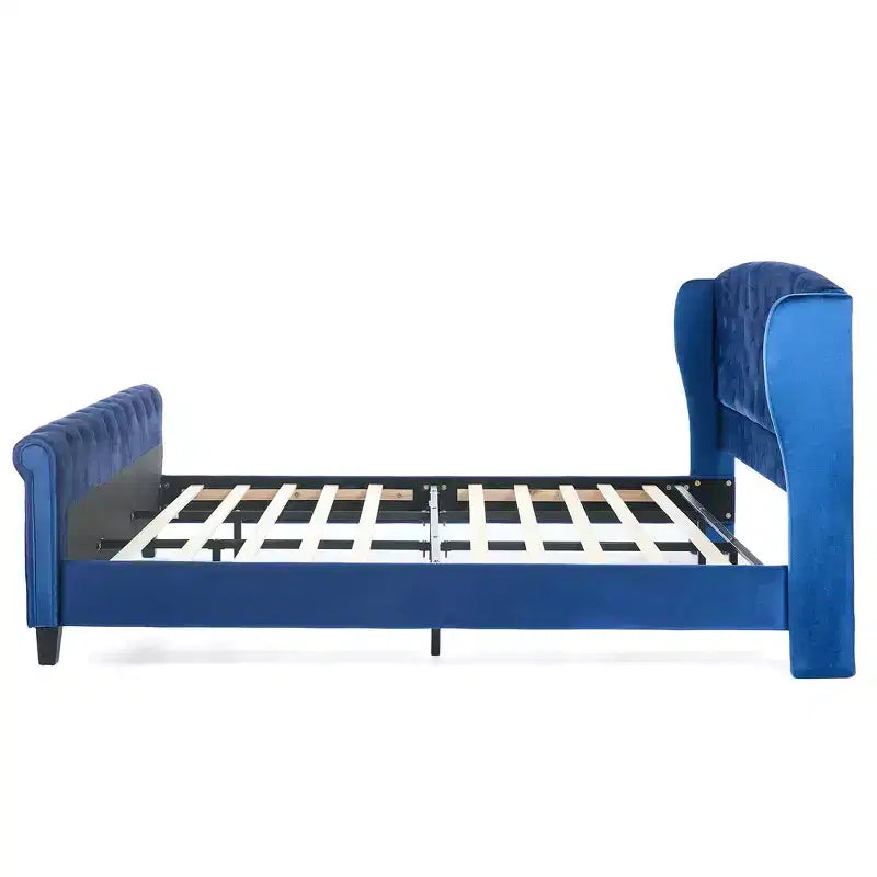 Lit King à plateforme traîneau, tête de lit à oreilles, velours capitonné, capacité de 363 kg