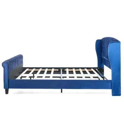 Lit King à plateforme traîneau, tête de lit à oreilles, velours capitonné, capacité de 363 kg