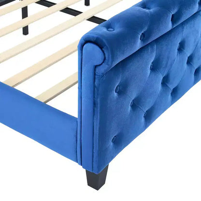 Lit King à plateforme traîneau, tête de lit à oreilles, velours capitonné, capacité de 363 kg