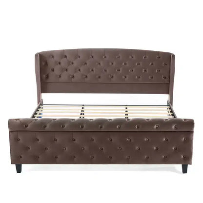 Lit King à plateforme traîneau, tête de lit à oreilles, velours capitonné, capacité de 363 kg