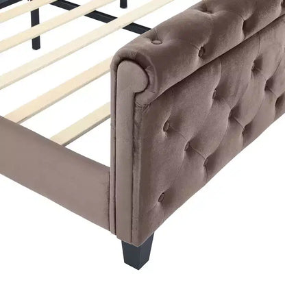 Lit King à plateforme traîneau, tête de lit à oreilles, velours capitonné, capacité de 363 kg