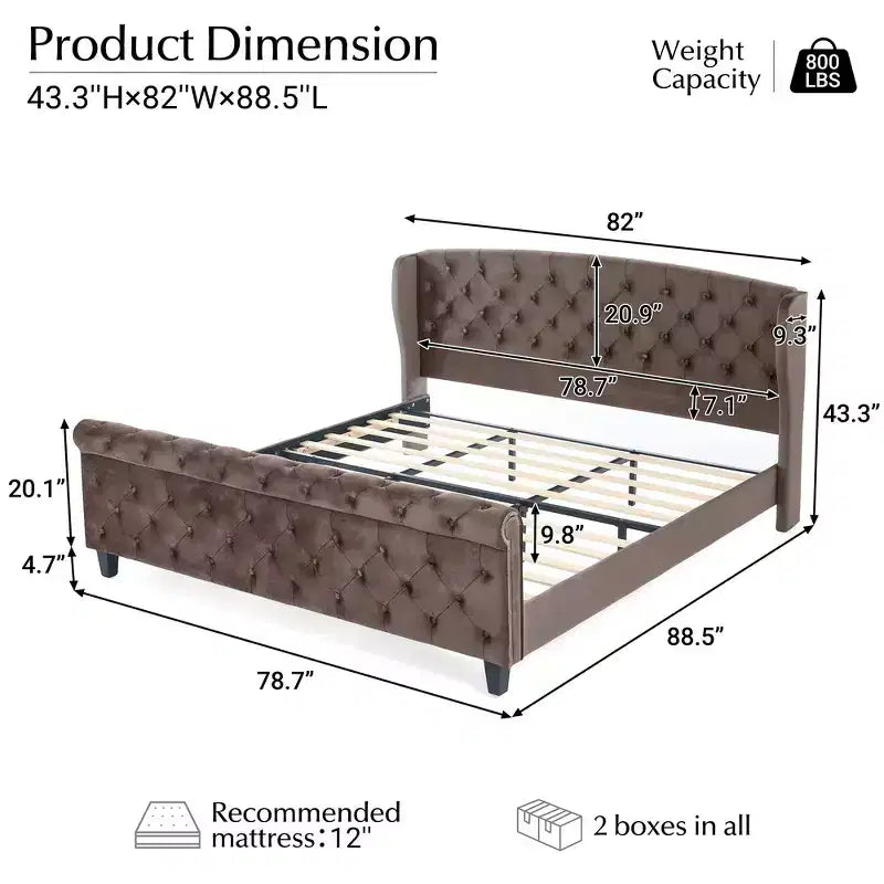 Lit King à plateforme traîneau, tête de lit à oreilles, velours capitonné, capacité de 363 kg