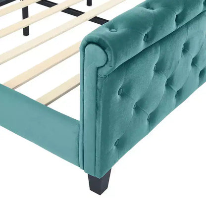 Lit King à plateforme traîneau, tête de lit à oreilles, velours capitonné, capacité de 363 kg