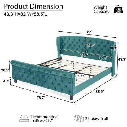Lit King à plateforme traîneau, tête de lit à oreilles, velours capitonné, capacité de 363 kg