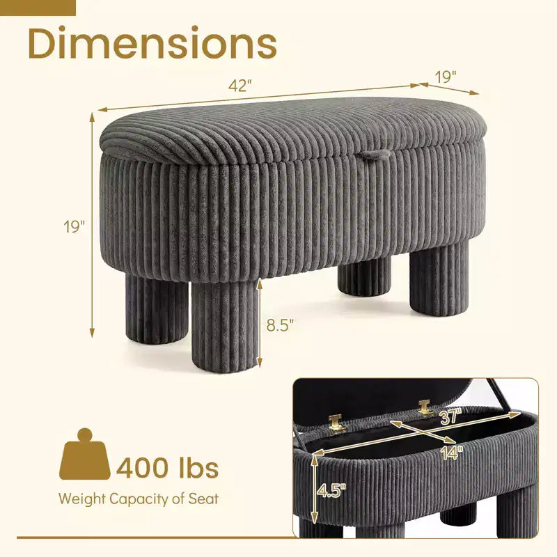 Banc de rangement en velours côtelé de 42 po avec compartiment caché et pieds, capacité de 400 lb