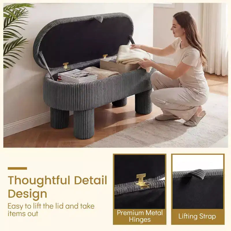 Banc de rangement en velours côtelé de 42 po avec compartiment caché et pieds, capacité de 400 lb