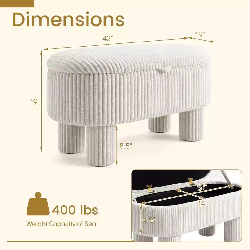 Banc de rangement en velours côtelé de 42 po avec compartiment caché et pieds, capacité de 400 lb