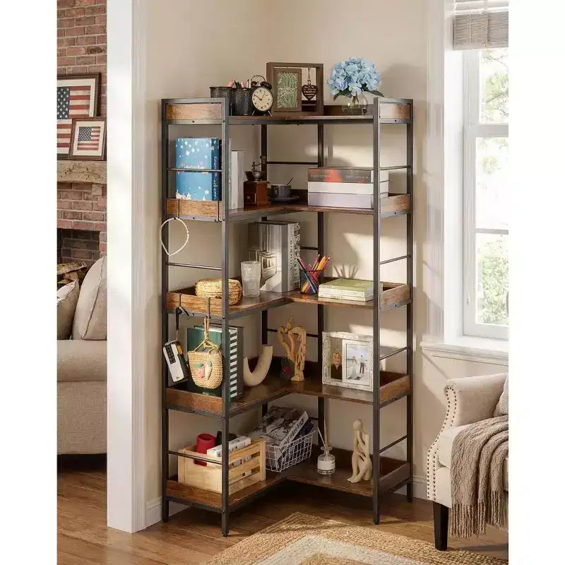 COZONY 65 5-Tier Industrial Bookshelf with 4 Hooks, Reversible Corner Wooden Bookcase with Metal Frame, Open Shelves for Living Room Bedroom Office