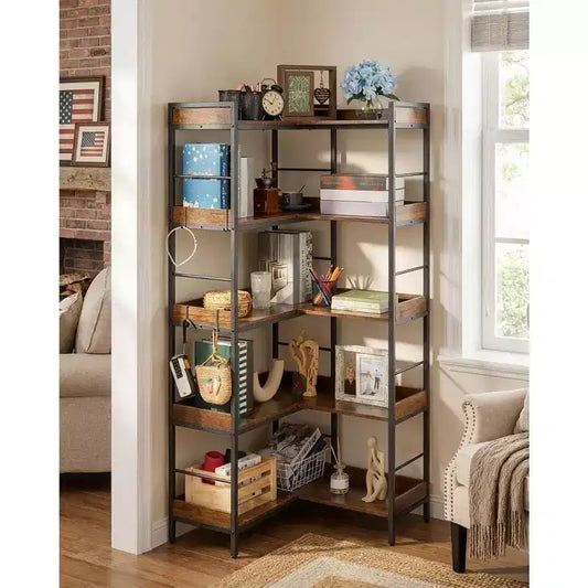 COZONY 65 5-Tier Industrial Bookshelf with 4 Hooks, Reversible Corner Wooden Bookcase with Metal Frame, Open Shelves for Living Room Bedroom Office