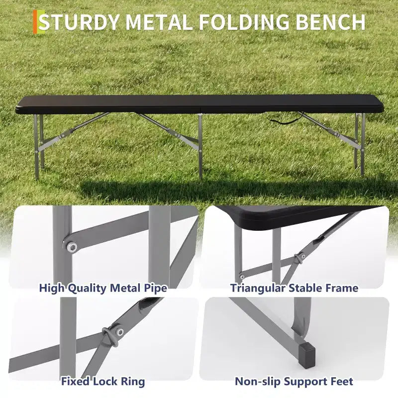 Banc pliant d'extérieur 6 pieds, en PEHD, portable avec poignée de transport, 3-4 places, capacité 172 kg