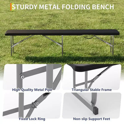 Banc pliant d'extérieur 6 pieds, en PEHD, portable avec poignée de transport, 3-4 places, capacité 172 kg