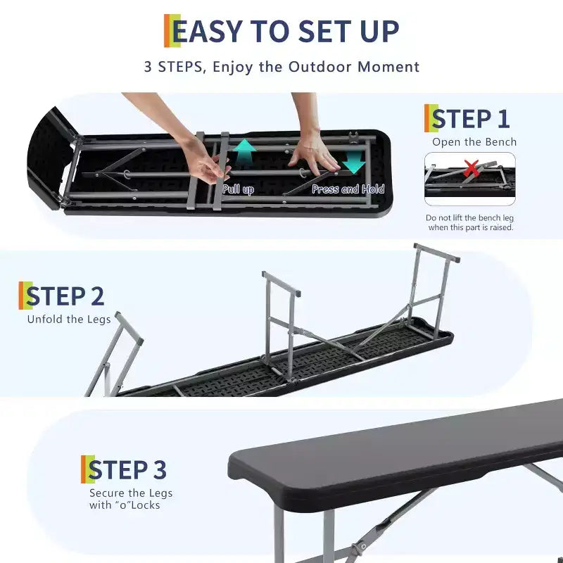 Banc pliant d'extérieur 6 pieds, en PEHD, portable avec poignée de transport, 3-4 places, capacité 172 kg